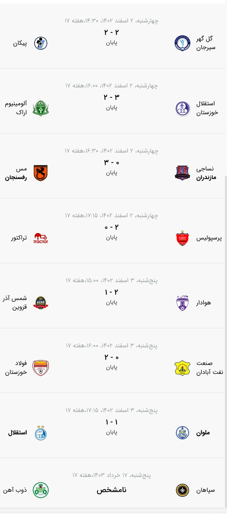 نتایج بازیهای لیگ برتر ایران - هفته هفدهم بازی ها